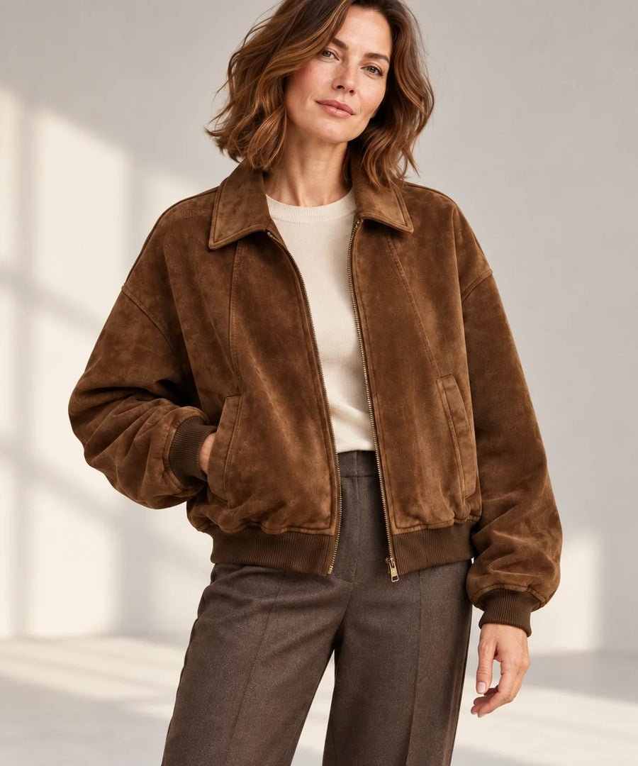 Suede-Effect Bomber Jacket – Brown