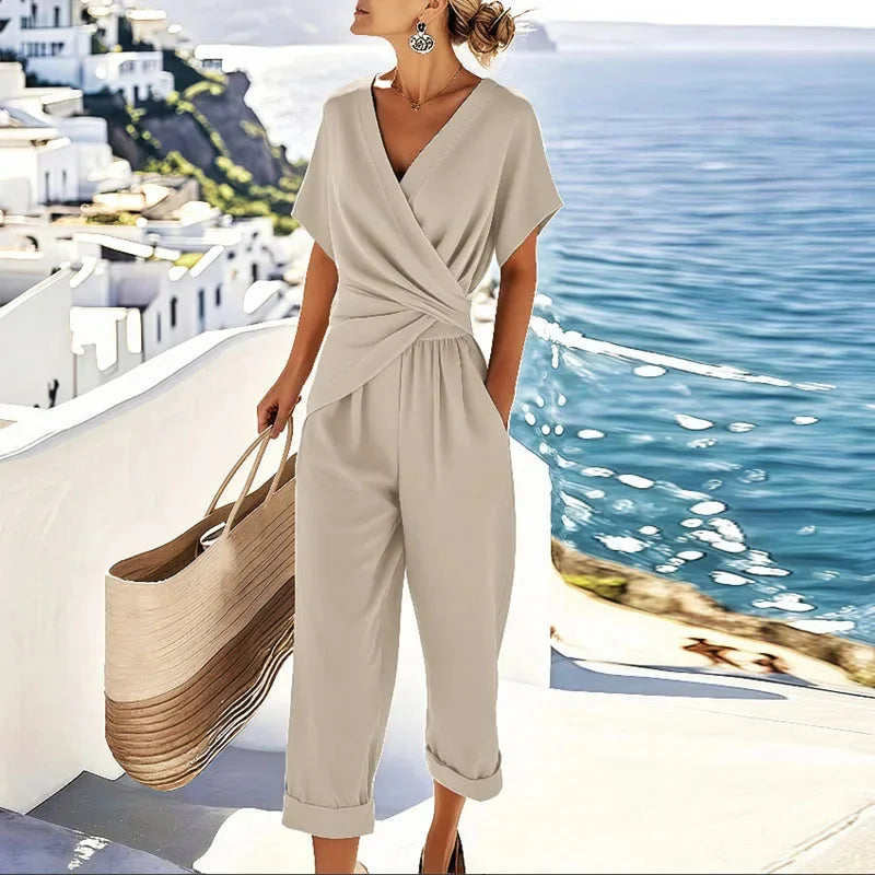 Wrap Front Cropped Jumpsuit – Apricot
