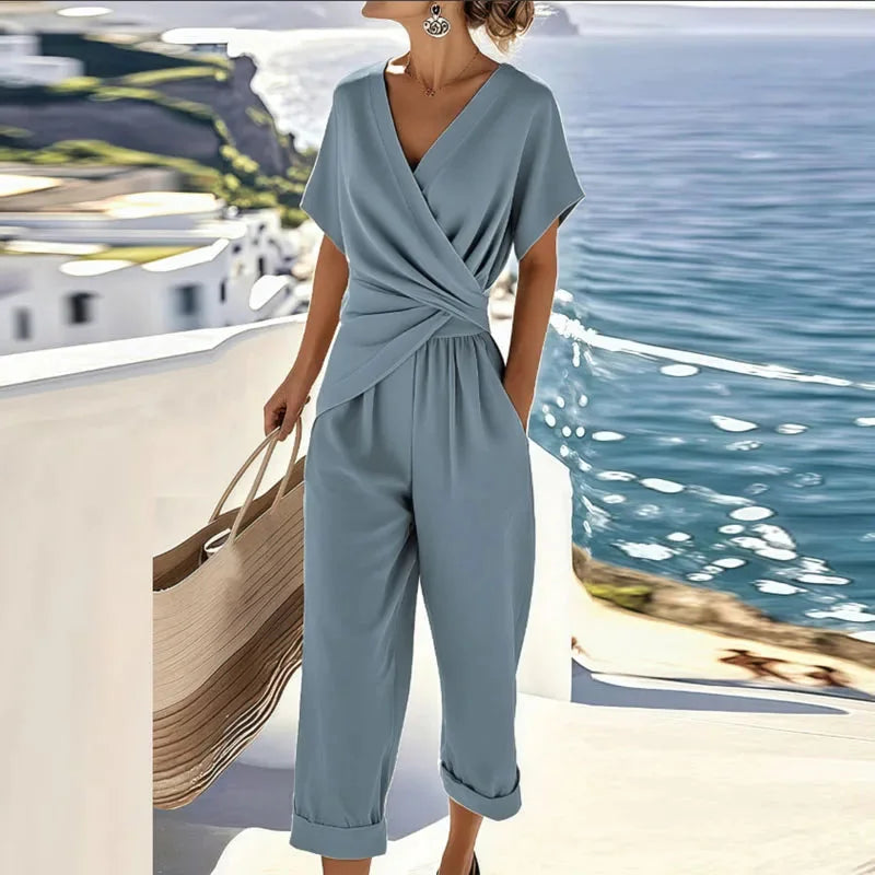 Wrap Front Cropped Jumpsuit – Blue