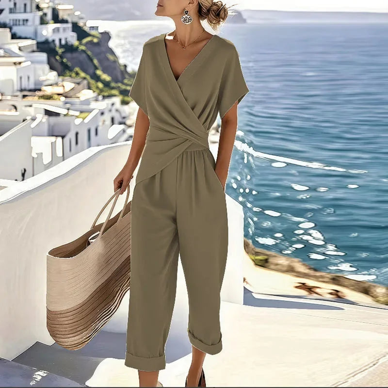 Wrap Front Cropped Jumpsuit – Khaki