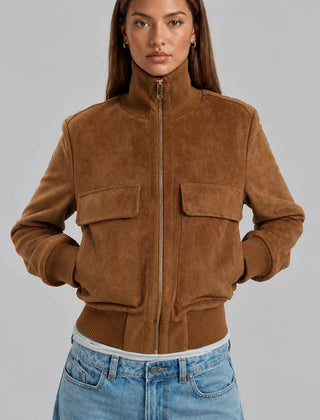Suede Look Bomber Jacket – Light Brown