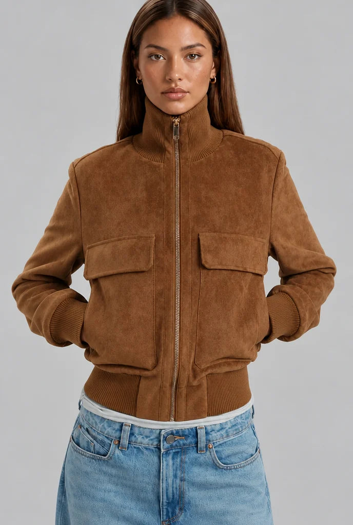 Suede Look Bomber Jacket – Light Brown