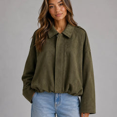 Oversized Faux Suede Bomber Jacket – Olive Green