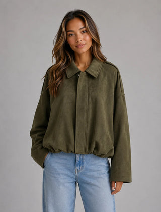 Oversized Faux Suede Bomber Jacket – Olive Green