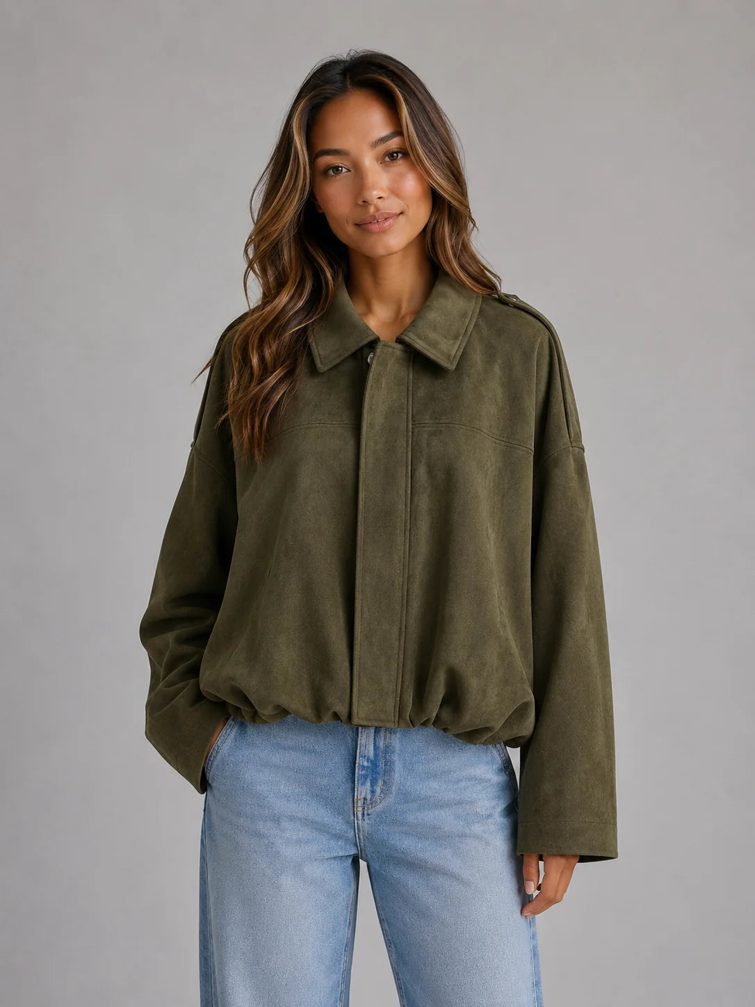 Oversized Faux Suede Bomber Jacket – Olive Green