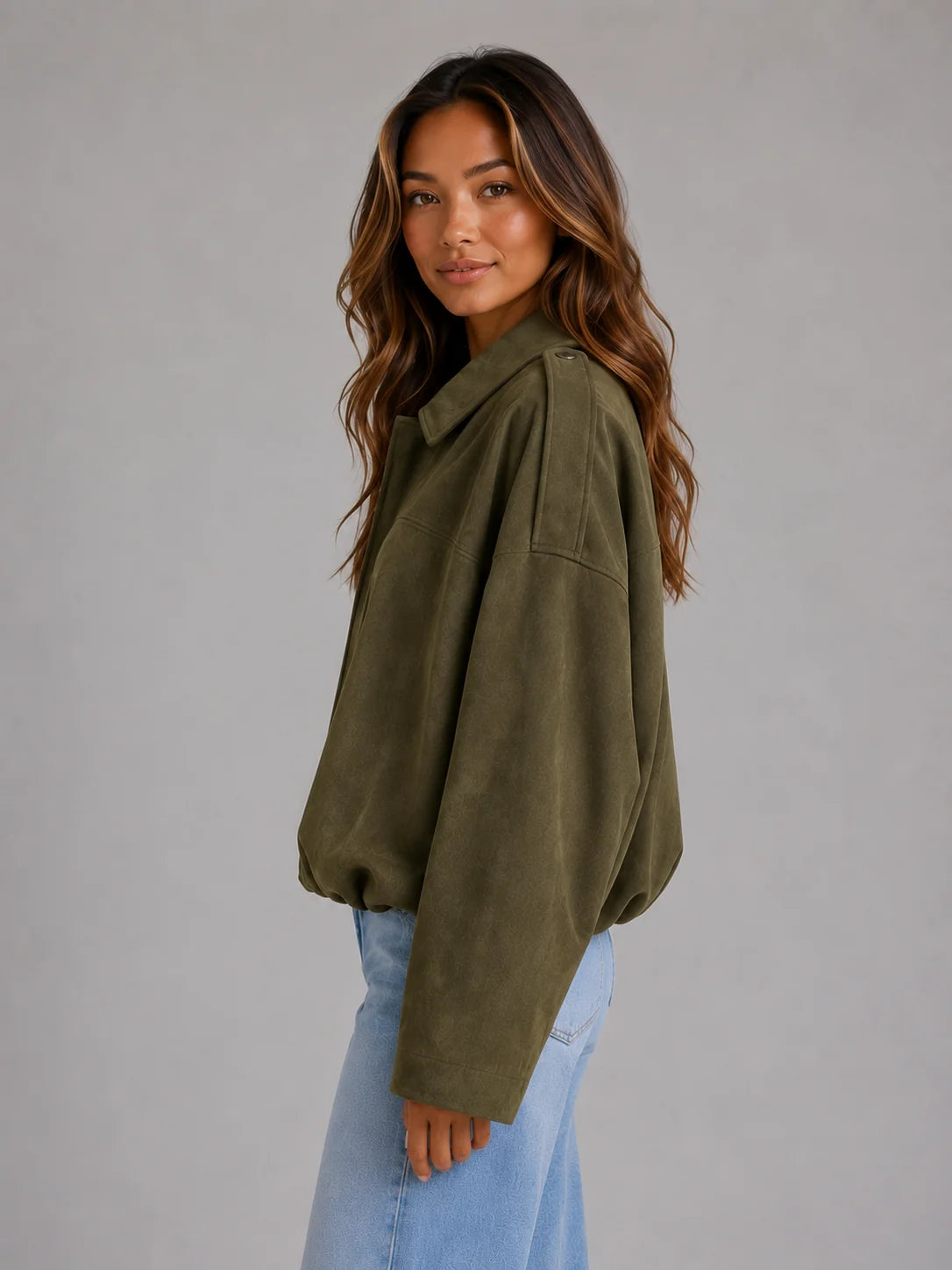 Oversized Faux Suede Bomber Jacket