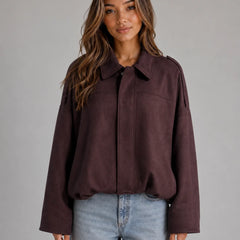 Oversized Faux Suede Bomber Jacket – Burgundy