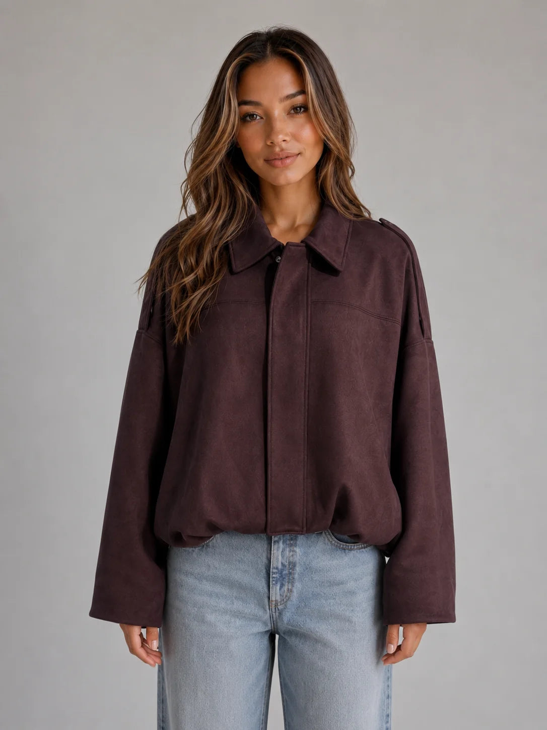 Oversized Faux Suede Bomber Jacket – Burgundy
