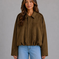 Oversized Faux Suede Bomber Jacket – Mocha
