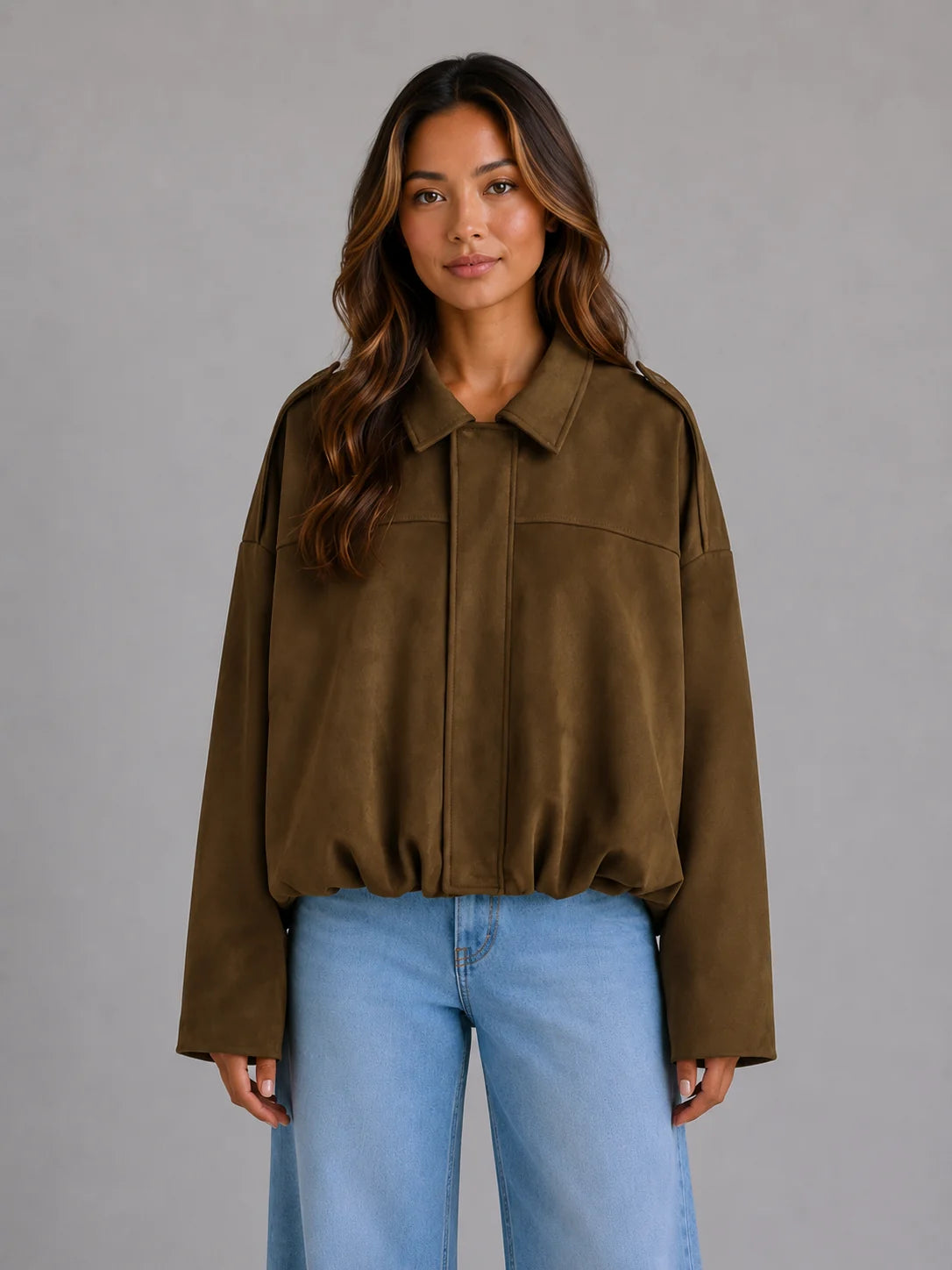Oversized Faux Suede Bomber Jacket – Mocha
