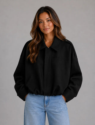 Oversized Faux Suede Bomber Jacket – Black