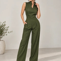 Sleeveless Linen Jumpsuit – Military Green