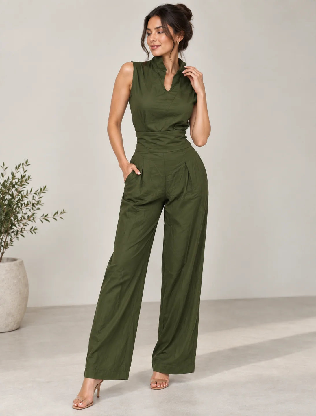 Sleeveless Linen Jumpsuit – Military Green