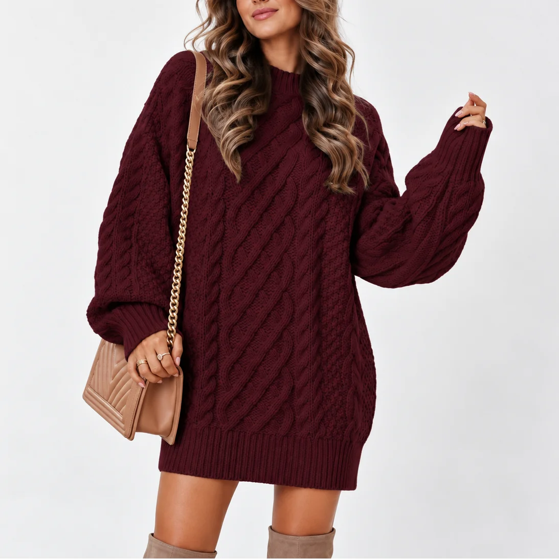 Oversized Cable Knit Jumper – Burgundy