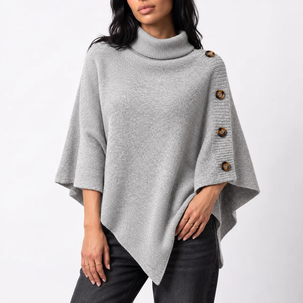 Knitted Turtleneck Poncho – Grey