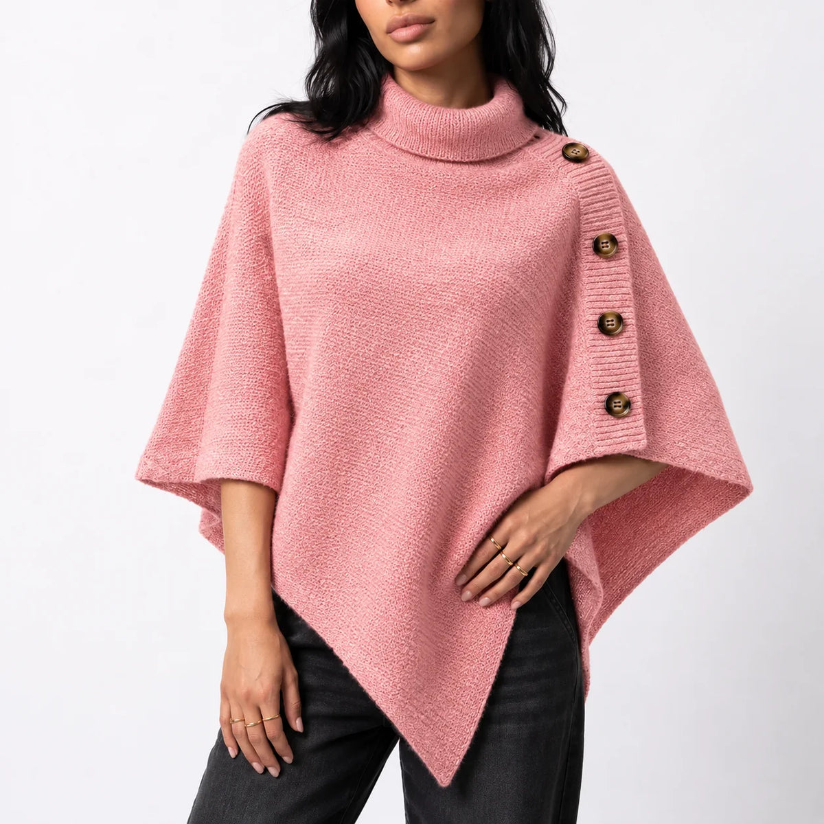 Knitted Turtleneck Poncho – Pink
