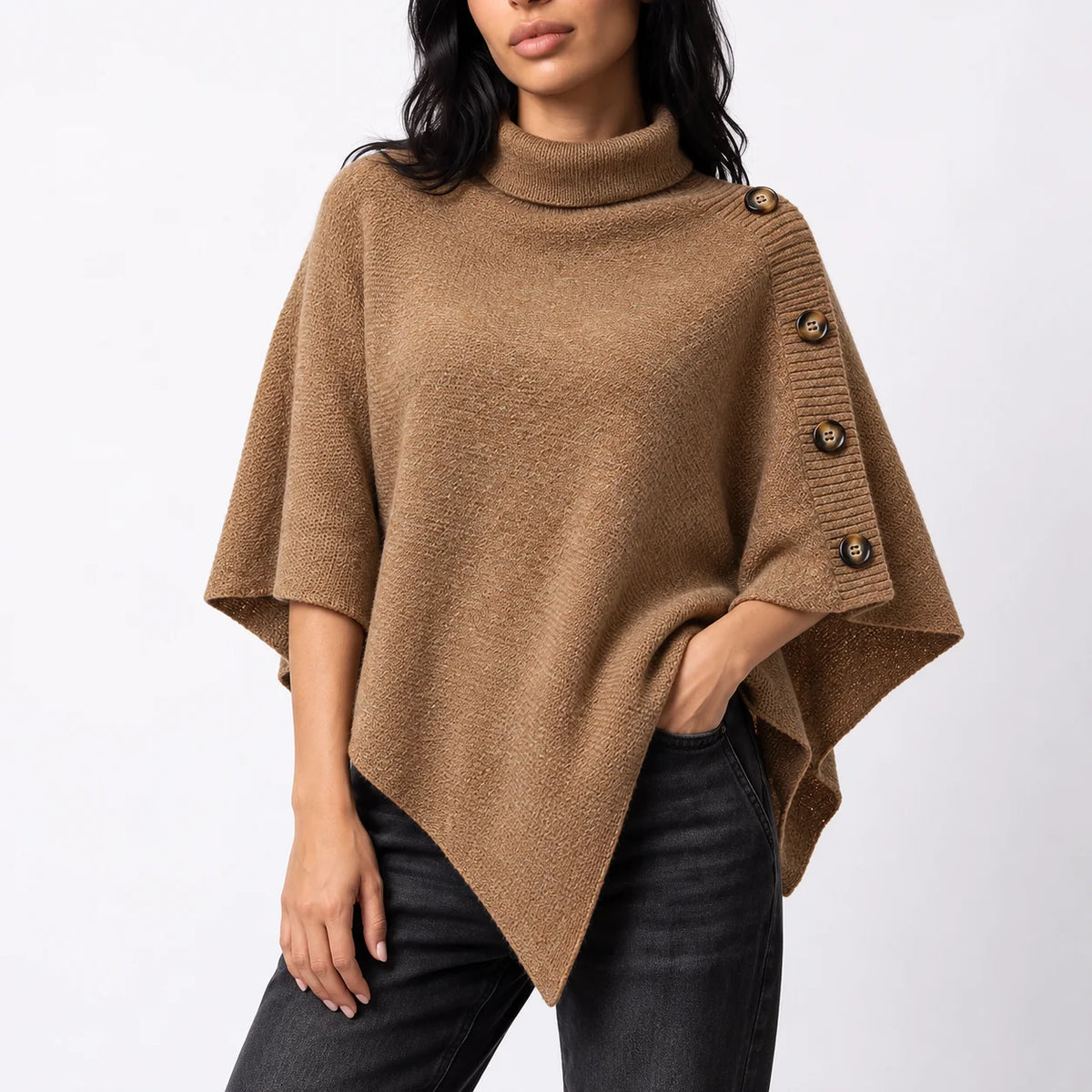 Knitted Turtleneck Poncho – Brown