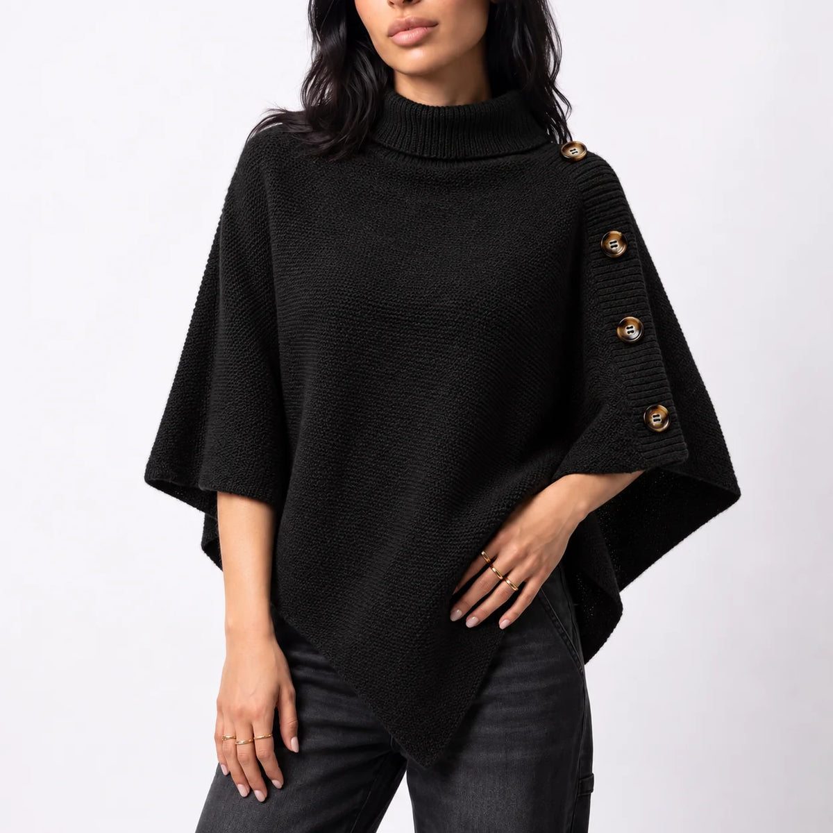 Knitted Turtleneck Poncho – Black