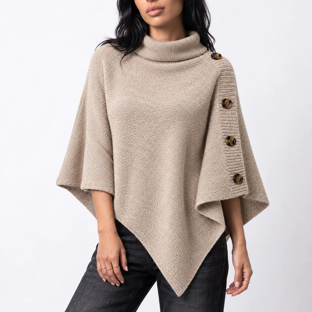 Knitted Turtleneck Poncho – Beige
