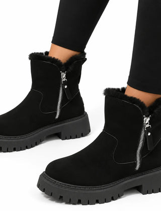 Faux Fur Lined Ankle Boots – Black