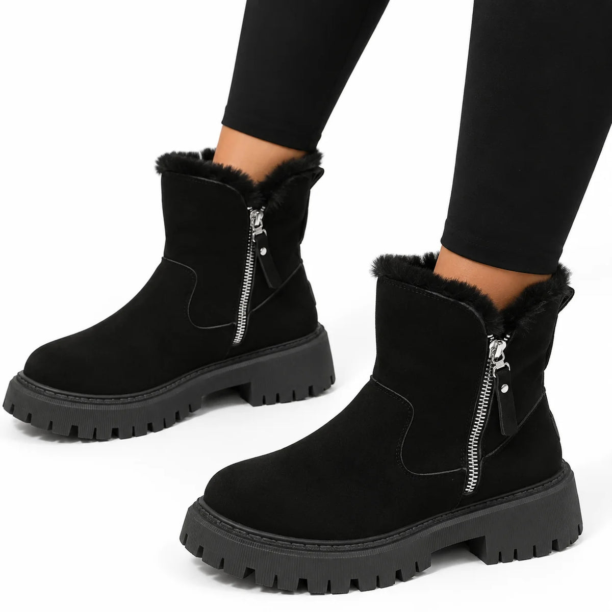 Faux Fur Lined Ankle Boots – Black