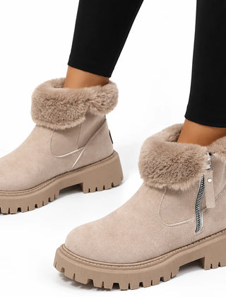 Faux Fur Lined Ankle Boots – Beige