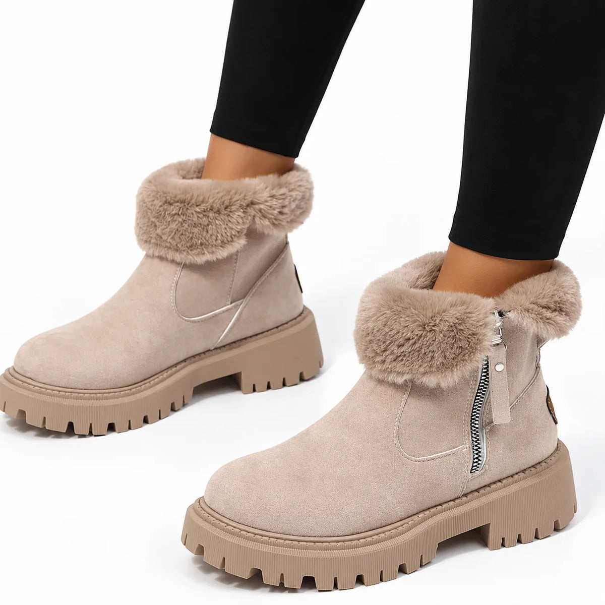 Faux Fur Lined Ankle Boots – Beige