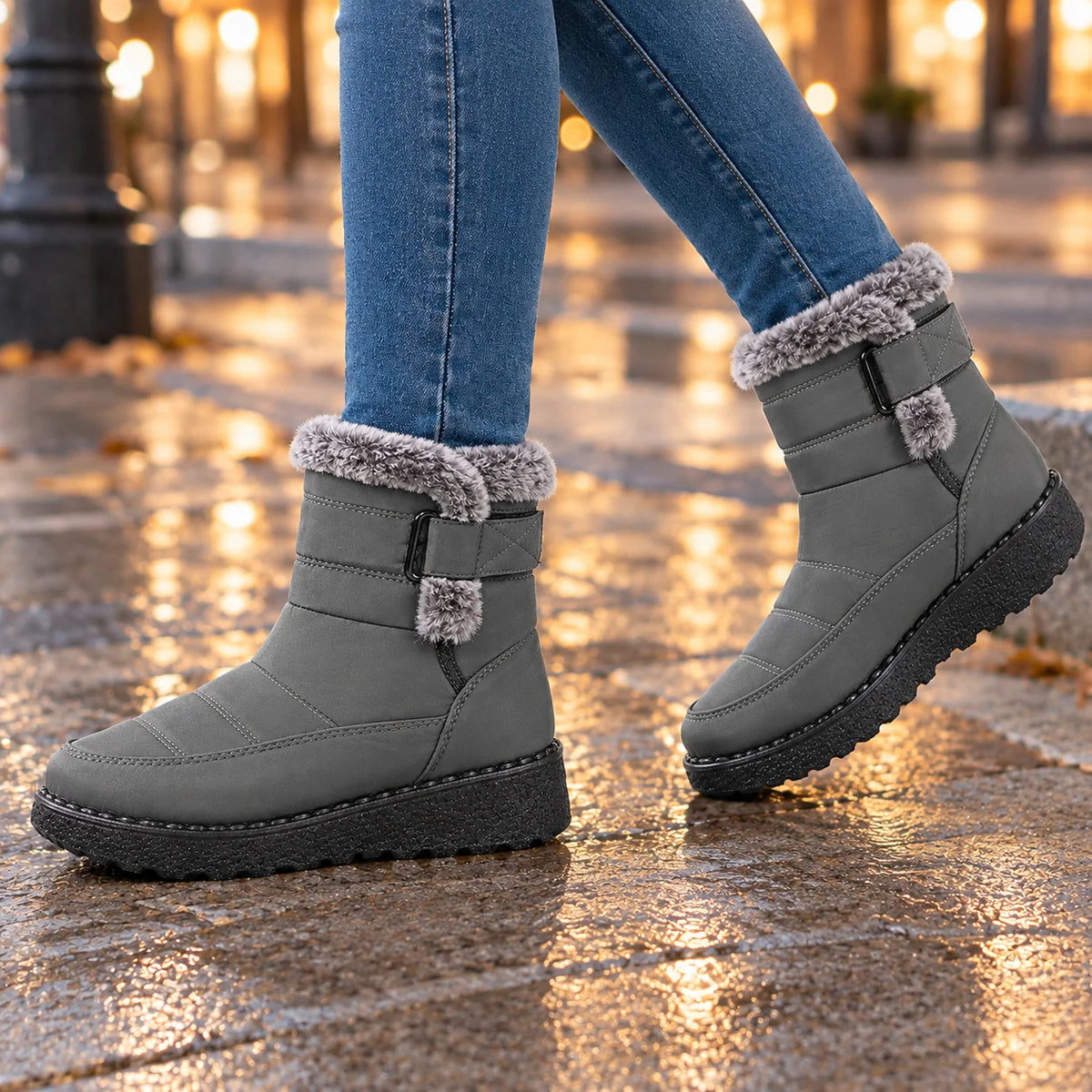 Fur Collar Ankle Boots – Grey