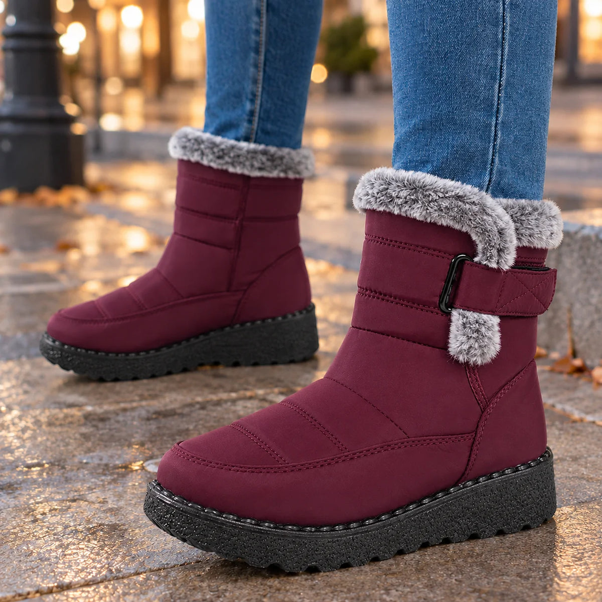 Fur Collar Ankle Boots – Wine Red