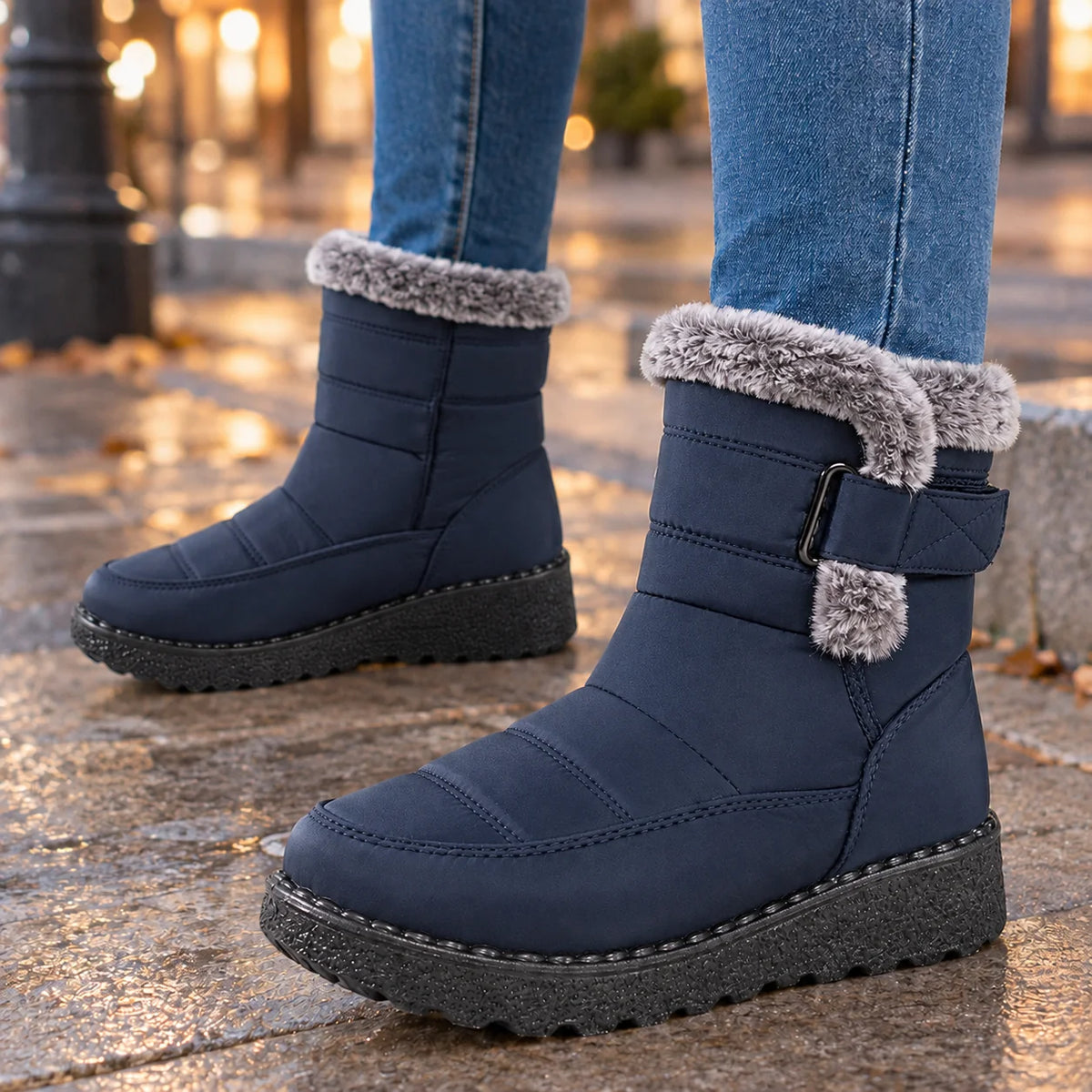 Fur Collar Ankle Boots – Navy
