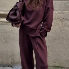 Relaxed Wide Leg Co-Ord Set – Burgundy