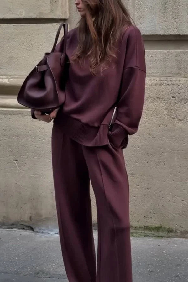 Relaxed Wide Leg Co-Ord Set – Burgundy