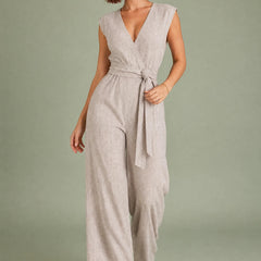 Wrap V-Neck Wide Leg Jumpsuit – Beige