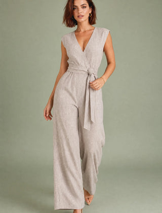 Wrap V-Neck Wide Leg Jumpsuit – Beige