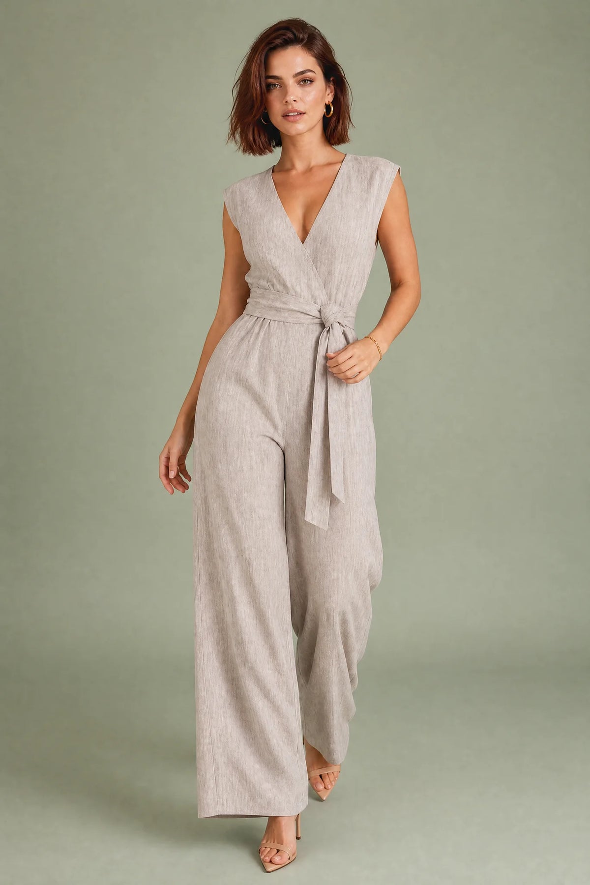 Wrap V-Neck Wide Leg Jumpsuit – Beige