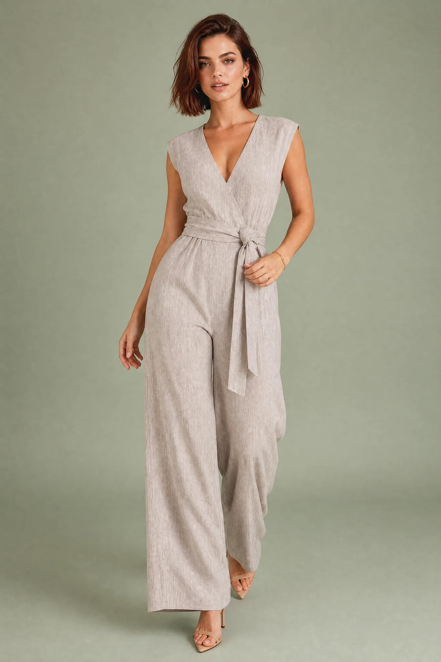 Wrap V-Neck Wide Leg Jumpsuit – Beige
