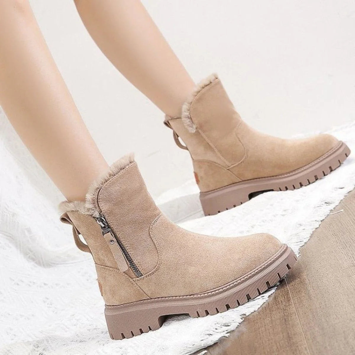 Fleece-Lined Chunky Ankle Boots – Beige