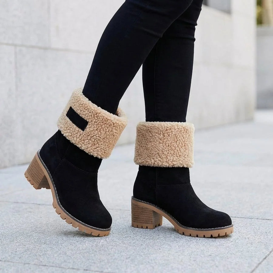 Sherpa Cuff Block Heel Boots – Black