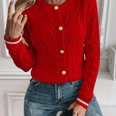 Cable Knit Button Cardigan – Red