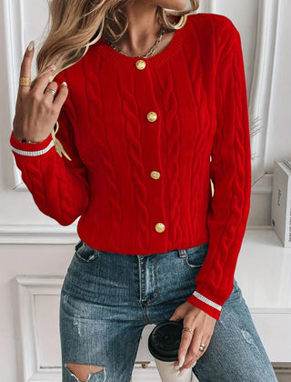 Cable Knit Button Cardigan – Red