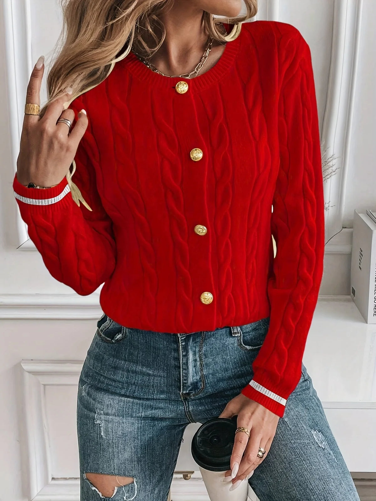 Cable Knit Button Cardigan – Red