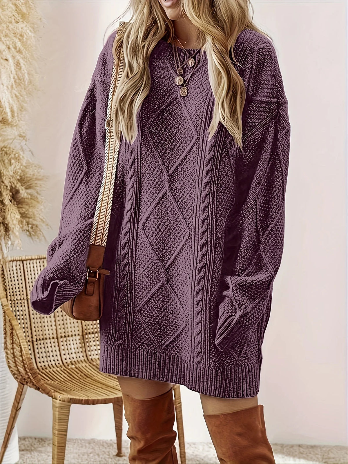 Cable Knit Sweater Dress – Purple