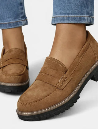 Suede-Look Block Heel Loafers – Brown