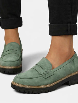 Suede-Look Block Heel Loafers – Green