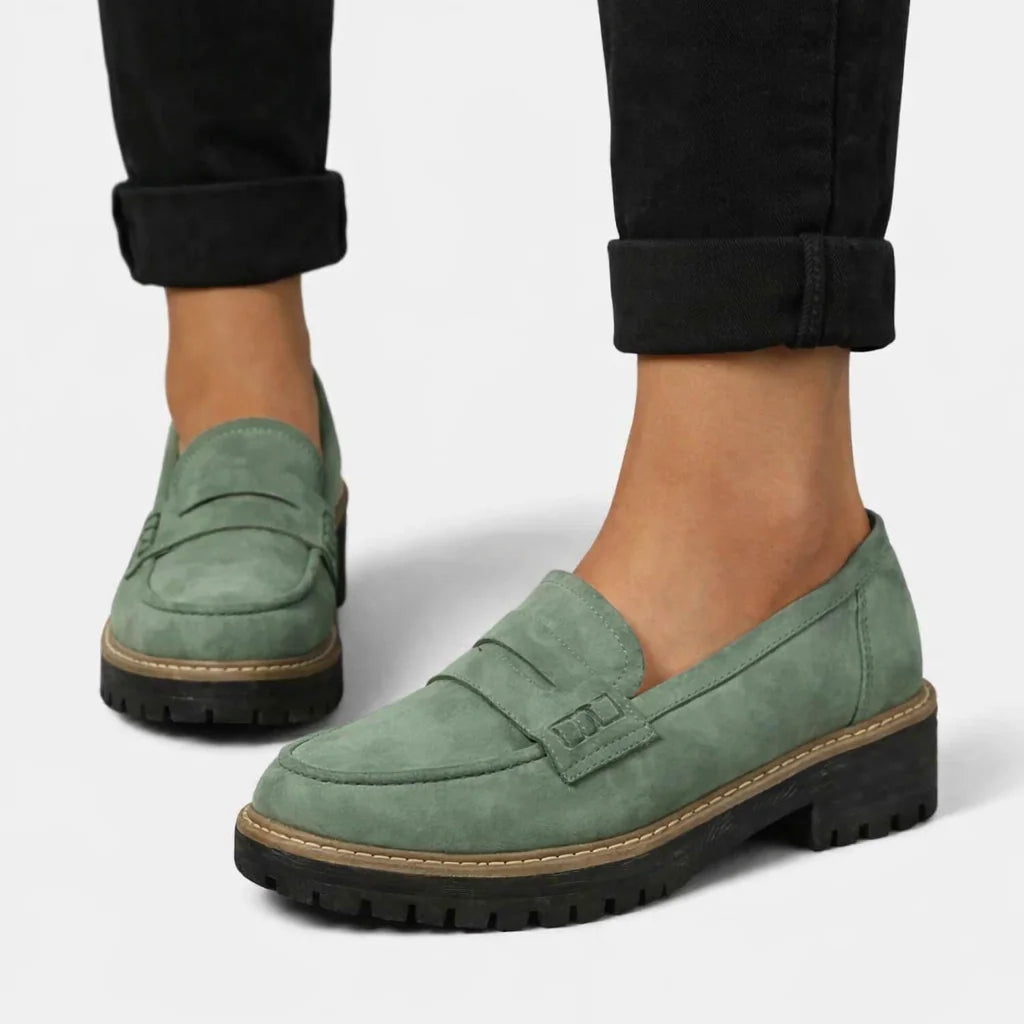 Suede-Look Block Heel Loafers – Green