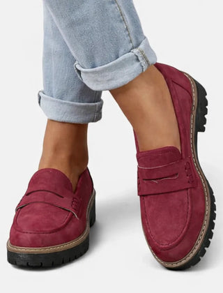 Suede-Look Block Heel Loafers – Burgundy