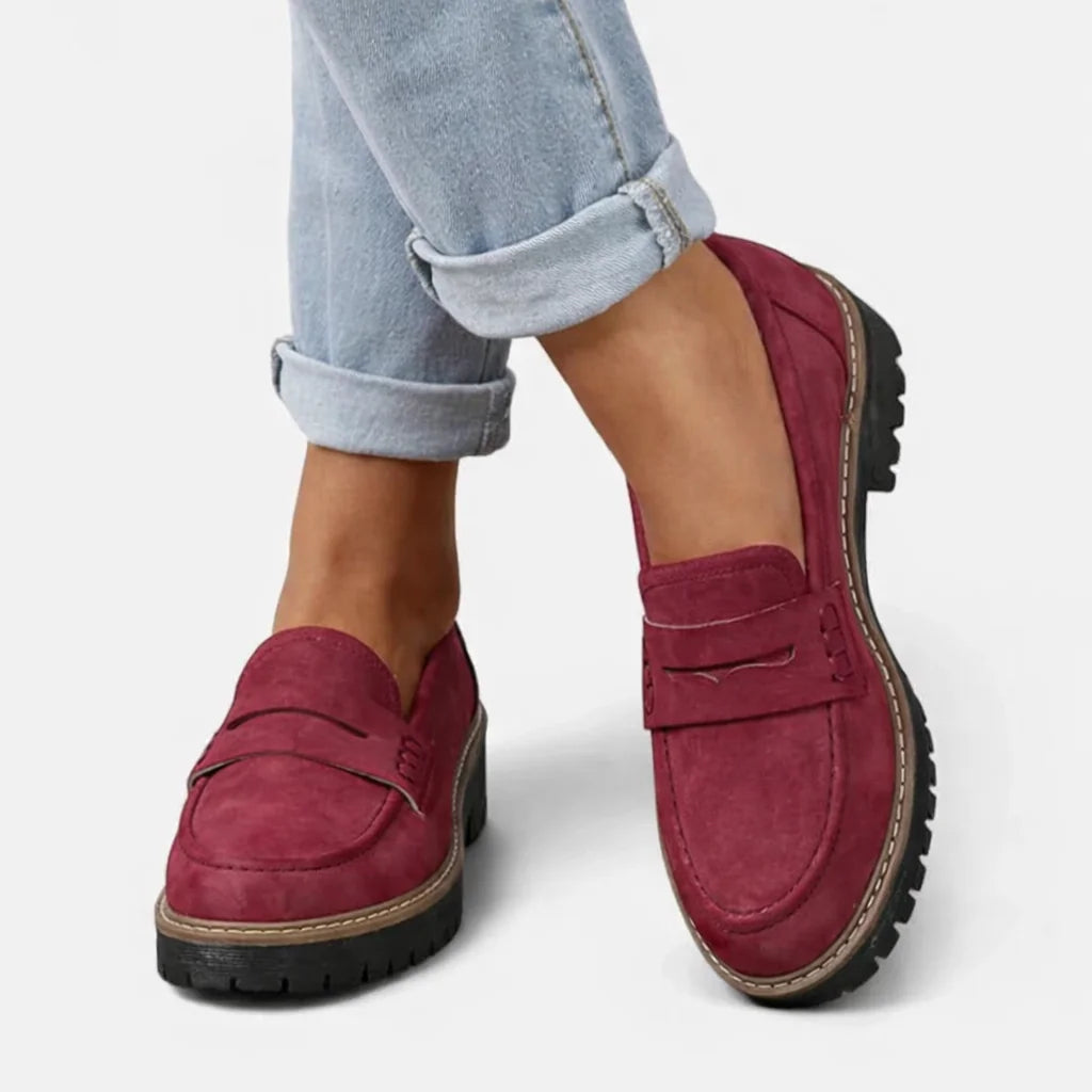 Suede-Look Block Heel Loafers – Burgundy