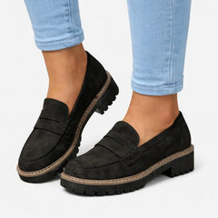 Suede-Look Block Heel Loafers – Black