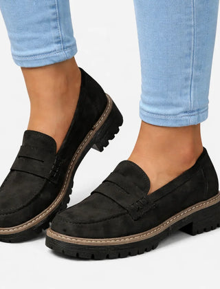 Suede-Look Block Heel Loafers – Black