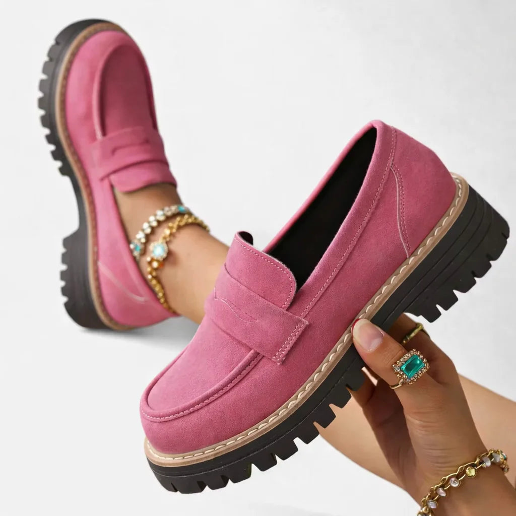 Suede-Look Block Heel Loafers – Pink